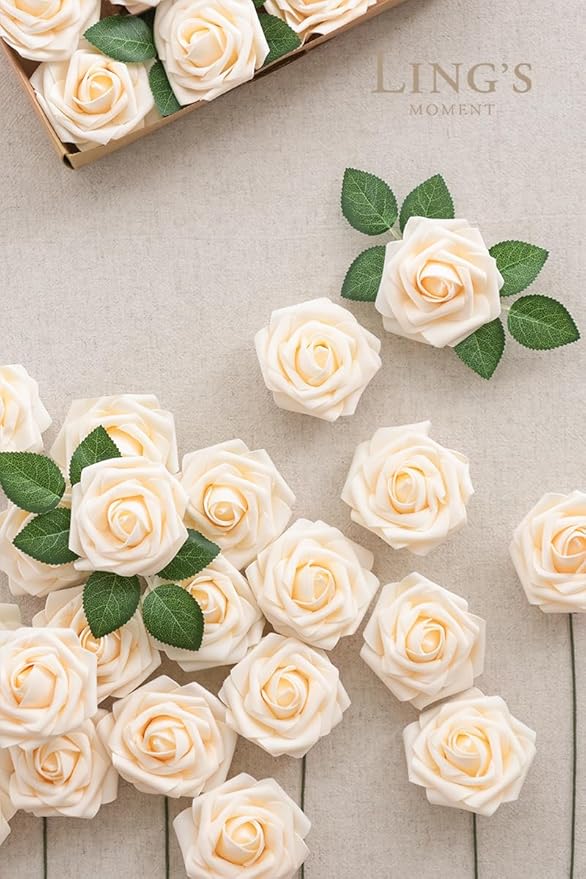 Ling's moment Artificial Flowers 25Pcs Cream Roses Decor w/Stems,3" Real Touch DIY Foam Floral for Wedding Bouquet/Centerpieces, Outdoors Party Backdrop, Room/Table, and Garden/Pot Decorations