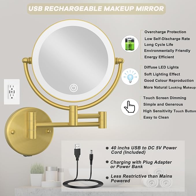 Rechargeable Wall Mounted Lighted Makeup Mirror with Magnification Gold, 8 Inch 1X/10X Magnifying Two Sided Led with Lights, 360 Swivel Extendable Shaving Mirror for Bathroom, Brushed Gold