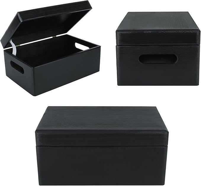 Large Black Wooden Box Storage with Hinged Lid | 11.8 x 7.87 x 5.51 inches (+-0.5) | with Handles | Gift Box for Tool Dog Shoes Clothes Kitchen Storage | Wood Keepsake Chest