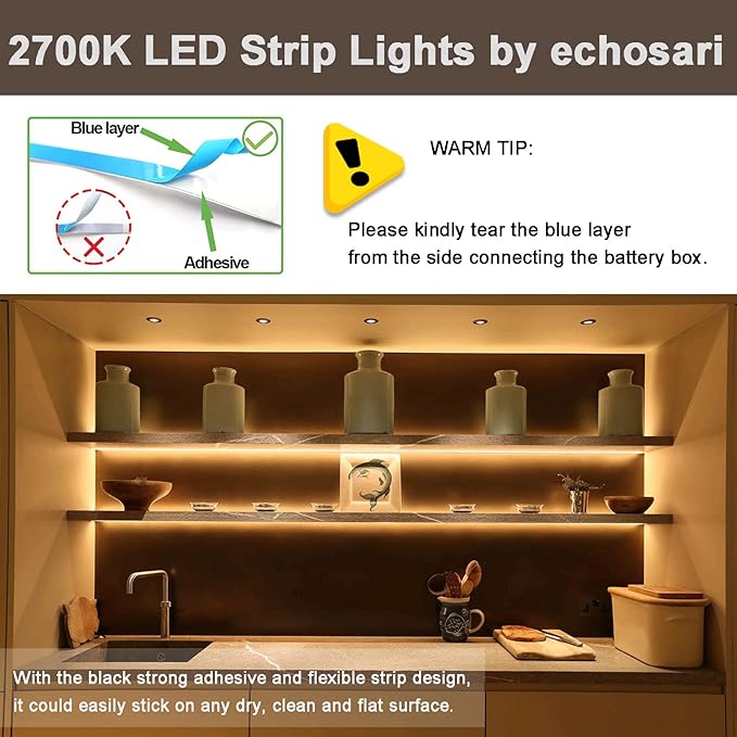 echosari Battery Powered Led Strip Lights with Remote Warm White, 8 Modes, Dimmable, Timer, Self-Adhesive, Cuttable, Waterproof, 9.8FT 90Led Strip Lights for TV Kitchen Cupboard Bedroom Decor