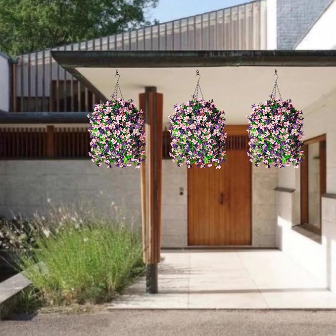 INQCMY Artificial Hanging Flowers in Basket for Outdoor Summer Decoration,4pcs Faux Silk Violet in Planter UV Resistant for Outside Home Patio Garden Proch Deck Decor(Pink Purple)