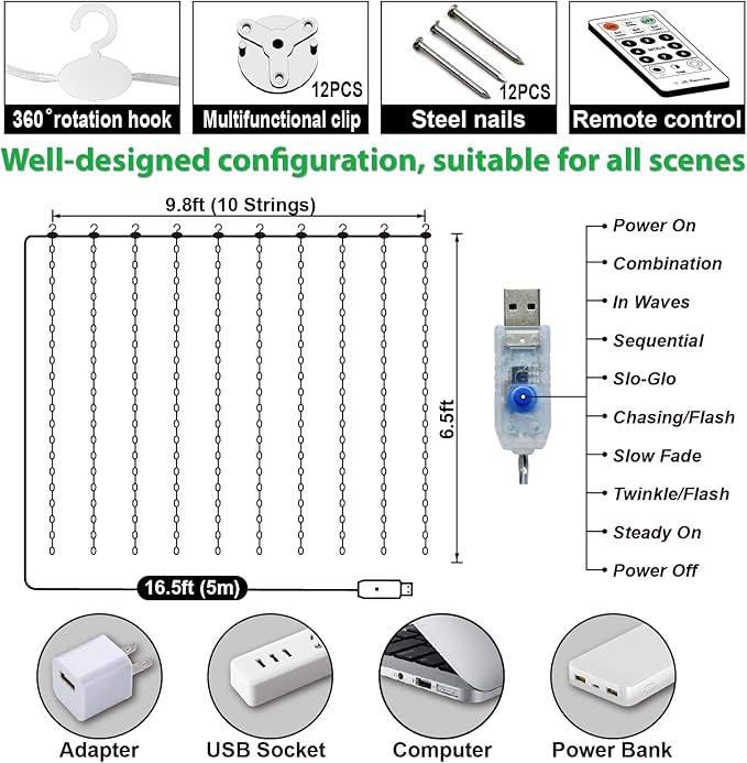 ZSJWL 6.5×9.8ft Curtain String Lights, USB Plug Fairy Lights Remote Dimmable Control, 8 Flashing Modes Waterproof Lights for Window Christmas Bedroom Party Wedding Garden Wall(Warm White)
