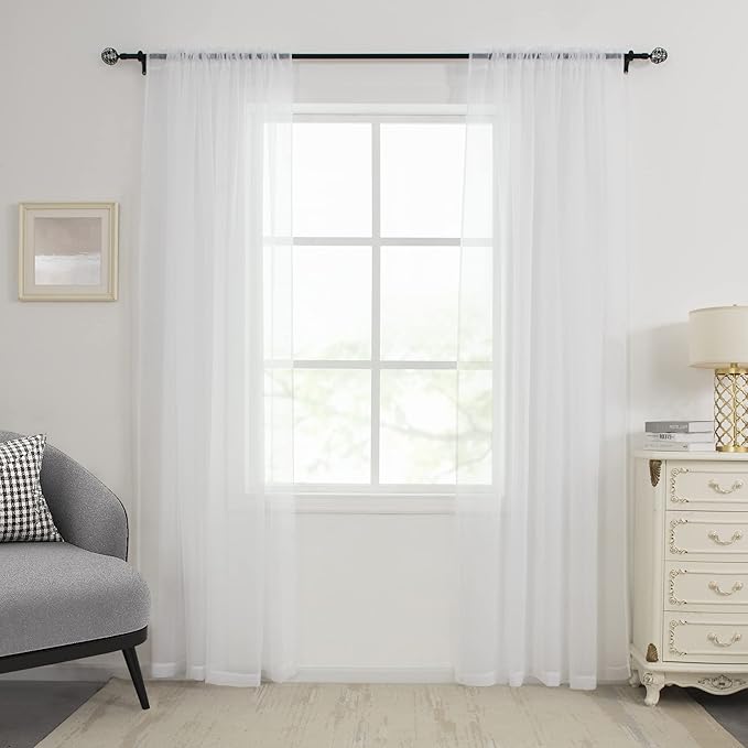 HUTO White Sheer Curtains 96 Inches Long for Living Room Rod Pocket Top Window Sheer Panels Drapes for Bedroom Girls Party Canopy Bed 2 Panels