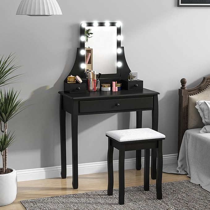 CHARMAID Vanity Set with Lighted Mirror, Makeup Table with 10 LED Dimmable Bulbs, 3 Lighting Sets, 3 Drawers, Bedroom Dressing Table Vanity Desk with Cushioned Stool for Women Girls (Black)