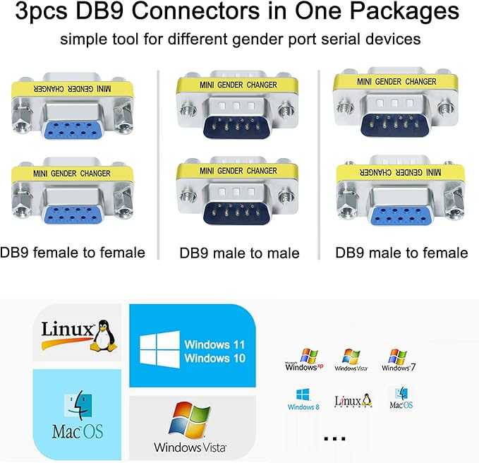 DTECH Serial Adapter 3-Pack (DB9 F-F, M-F, M-M), Mini Size RS232 Coupler, Female to Male 9 Pin Connector, for PC Computer Data Transfer