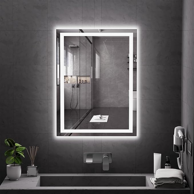 Koonmi 32x24 LED Bathroom Mirror, Backlit + Front Lit, LED Bathroom Mirror with Lights for Wall, 3 Colors, Anti-Fog, Dimmable Brightness, Memory Function, Tempered Glass
