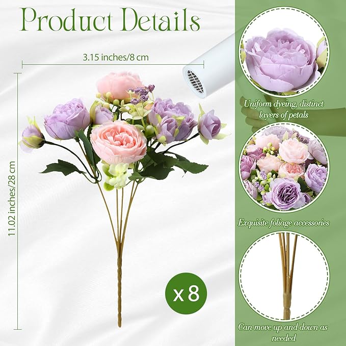 Geosar 8 Bundles Artificial Peonies Flowers Fake Silk Peony Bouquet Faux Peonies Flowers Bulk for Decoration Vase Floral Arrangements Wedding Party Table (Gray Purple,Light Purple)