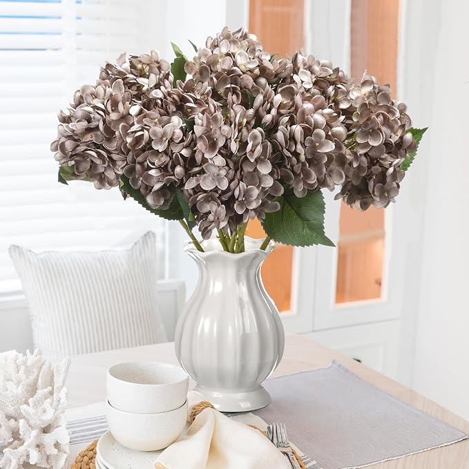 8 Pcs 18 Inch Hydrangea Artificial Flowers Faux Hydrangea Flowers with Stems Fake Bouquet Bulk Realistic Floral for Fall Home Table Christmas Indoor Outdoor Decoration(Coffee Brown)