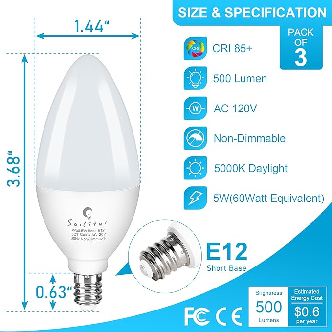 Sailstar Candelabra Light Bulbs 60 Watt Equivalent, 5000K Daylight, 5W E12 Small Base Type B LED Bulbs, 500 Lumens, Chandelier Ceiling Fan Light Bulbs, CRI 85, Non-dimmable, Pack of 10