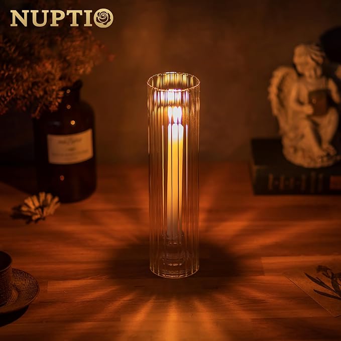 NUPTIO Hurricane Candle Holder Fluted: 2.5 x 12 inches Ribbed Glass Shade for Candlestick - Bulk Decorative Bottomless Cylinder Taper Candle Cover for Outdoor Table Centerpiece