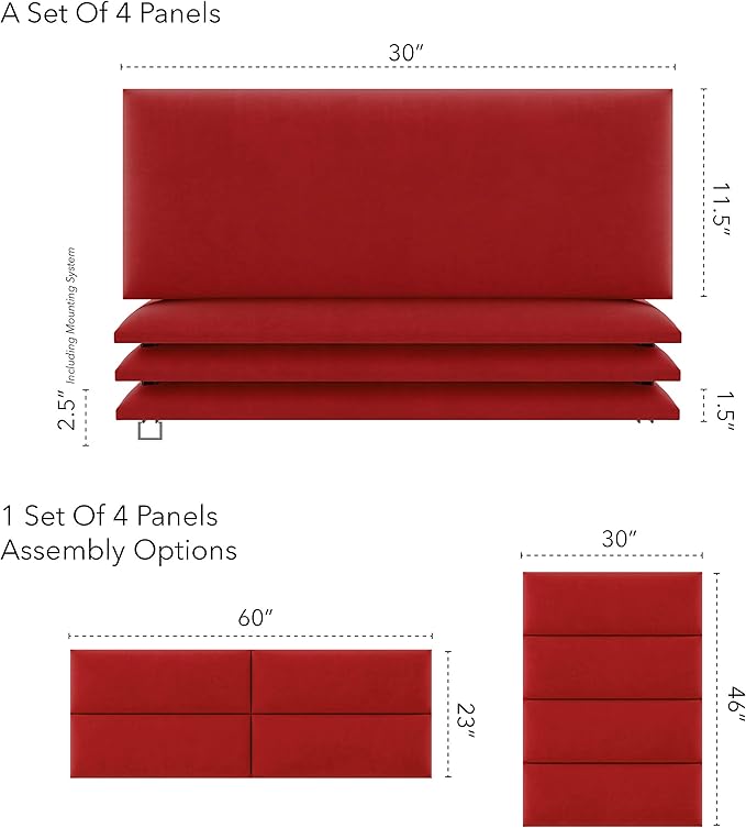 Vänt Upholstered Wall Panels - Queen/Full Size Wall Mounted Headboards - Micro Suede Red Melon - Set of 4 Panels (Each Individual Panel 30"x11.5")