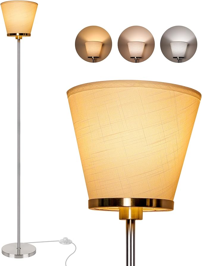 RUNTOP Floor Lamps for Living Room, Floor Lamp for Bedroom, Office, Tall Modern Standing Lamp, LED Floor Lamp with Foot Switch, 3 Color Temperatures 2700k 4000k 5000K, 9W LED Bulb, Linen Lampshade