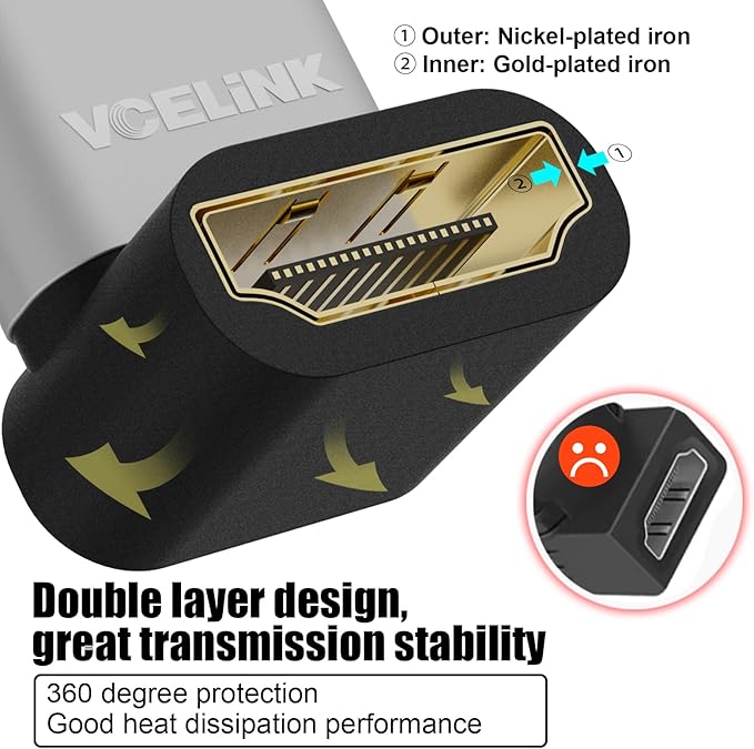 VCELINK 8K@60Hz HDMI Right Angle Adapter, 90 & 270 Degree HDMI Male to Female, HDMI 2.1 Cable Adapter with 4K@120Hz, HDR, eARC for HDTV, Laptop, PS4, PS5, Xbox - 2-Pack