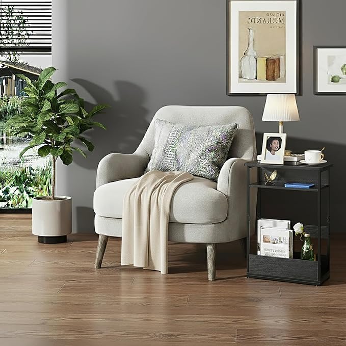 Vintage Narrow Side Table with Storage Shelf, 3 Tier Slim End Table Modern Sofa Table for Narrow and Small Spaces, 24.6 Inch Height Bedside Table Nightstand (Black, Large)