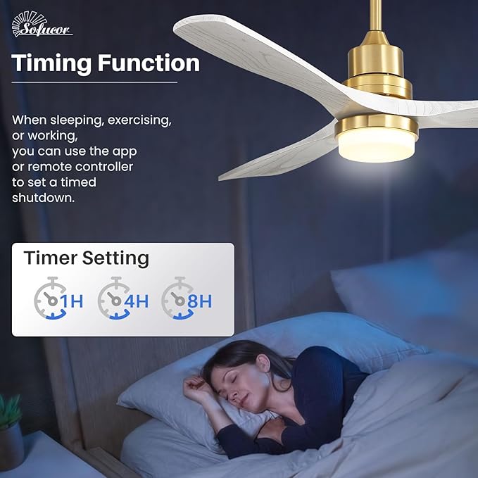 Sofucor Ceiling Fans with Lights and Remote, 52 Inch Low Profile Indoor/Outdoor Ceiling Fan with Light, Reversible DC Motor, 6 Speeds, Solid Wood 3 Blades Ceiling Fans for Bedroom Living Room Patio