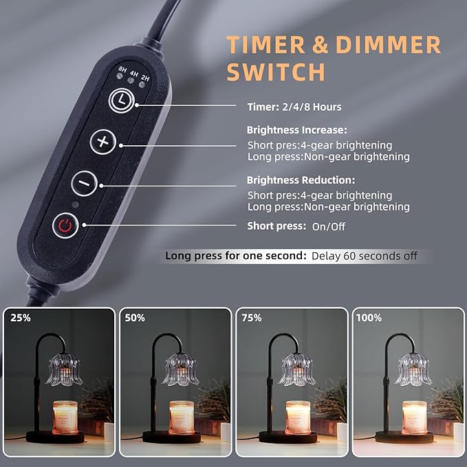 Candle Warmer Lamp with Timer: Adjustable Dimmable Height Adjustable - Flower Shape Wax Lamp Jar Candles No Flame Modern Home Decor Table Lights - Vintage Home Bedroom Decor