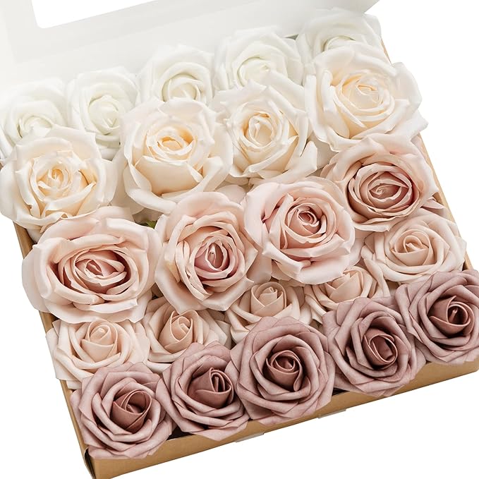 Ling's Moment Artificial Flowers Fake Silk Roses Faux Foam Flower Combo for DIY Wedding Bouquets Centerpieces Arrangements Bridal Shower Party Home Decorations, Dusty Rose & Cream, 23pcs