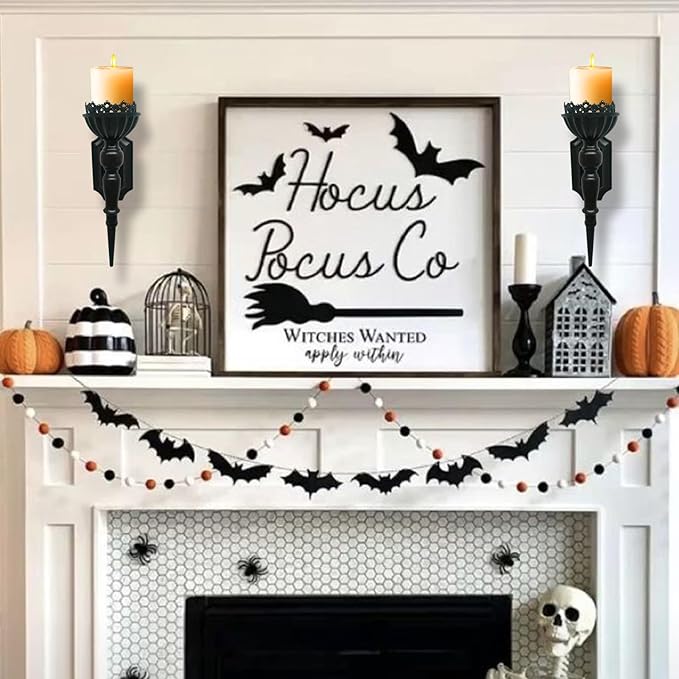 Gothic Wall Candle Sconces Set of 2 - Black Wall Mounted Candle Holders - Halloween Decor for Indoor Living Room Bathroom