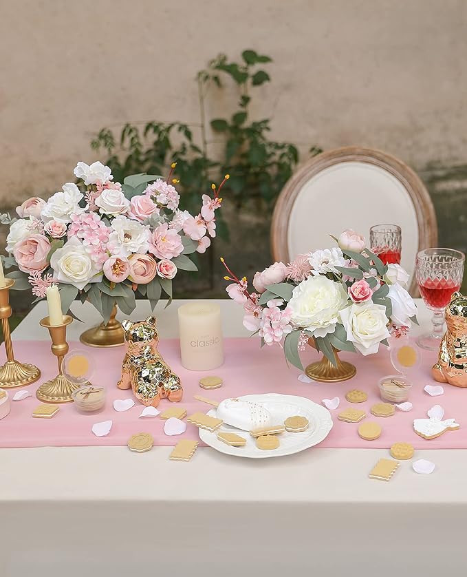 Artificial Flowers Combo Silk Mix Fake Flowers Leaf for DIY Wedding Bouquets Floral Centerpieces for Tables Party Baby Shower Home Decorations(Pink White)