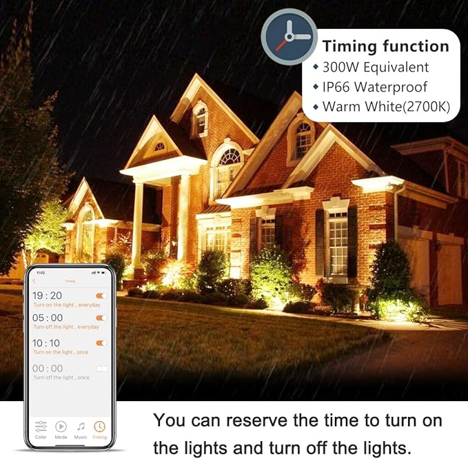 Led Flood Light 30W, 300W Equivalent 3000 LM Outdoor Color Changing Led Stage Landscape Lights, Bluetooth RGBW Smart Floodlights 2700K & 16 Million Colors&Timing& Music Sync, IP66，US 3-Plug (6 Pack)