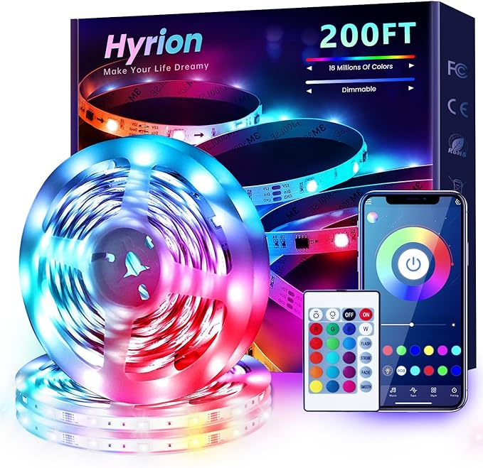 hyrion 200ft Led Strip Lights(3 roll of 65.6ft) Music Sync Color Changing RGB led Strip Light with Remote,Bluetooth Smart APP Control, Tape Lighting for Bedroom Home Party Décor