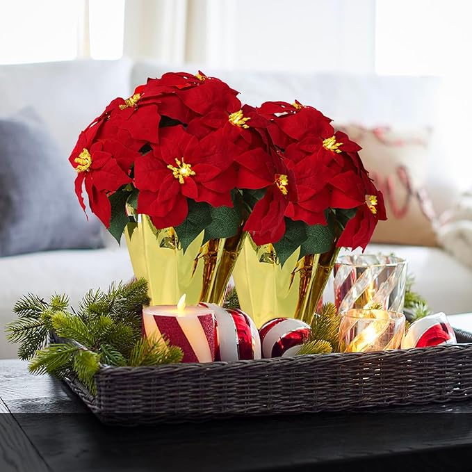 2 Pack 18" Lighted Large Artificial Poinsettias for Outdoors LED Poinsettia Flowers Artificial Faux Poinsettia Plants Poinsettia Christmas Decorations for Office Home Kitchen Decor