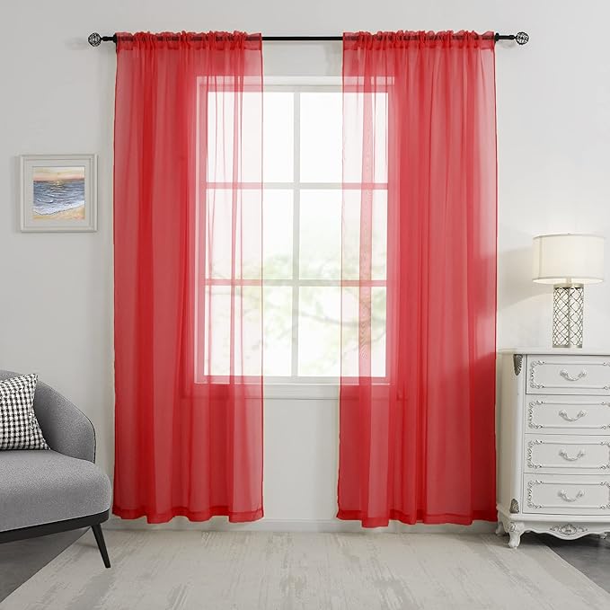 HUTO Christmas 2 Panels Red Sheer Window Curtains 52 by 72 Inches Long Rod Pocket Voile Curtains Sheer Panels Drapes for Bedroom Living Room