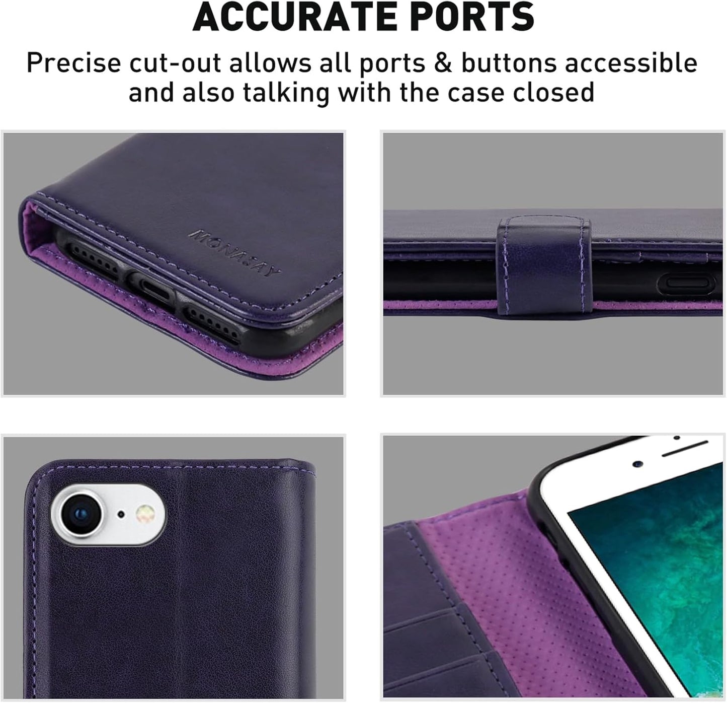 MONASAY Case for iPhone SE 2022/2020 5G, iPhone 7/8 Wallet Case, 4.7-inch, Purple with Glass Protector