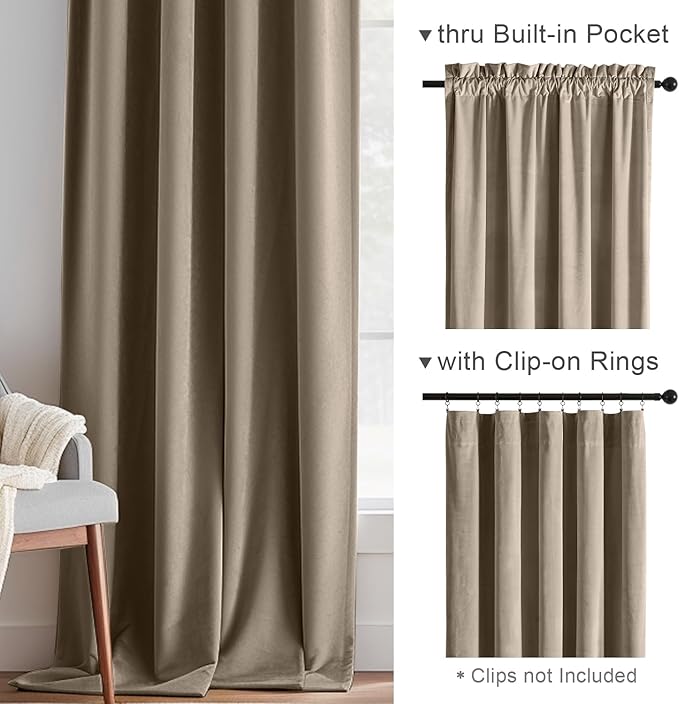 Lazzzy Velvet Blackout Curtains Thermal Insulated Room Window Drapes Super Soft Luxury Curtains for Living Room Bedroom Rod Pocket 2 Panels, Light Taupe, 52" W x 90" L