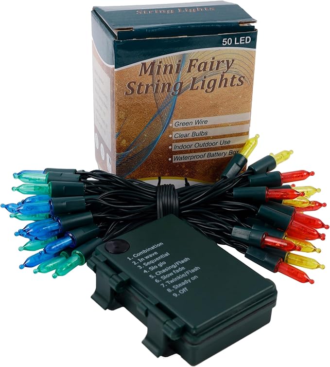 Blissun Christmas Lights, 50-Count Green Wire Light Set, Battery Operated Christmas Mini String Light with 8 Modes, 16 ft Fairy Lights for Christmas Tree Garden Wreath Decorations (1 Pack, Multicolor)