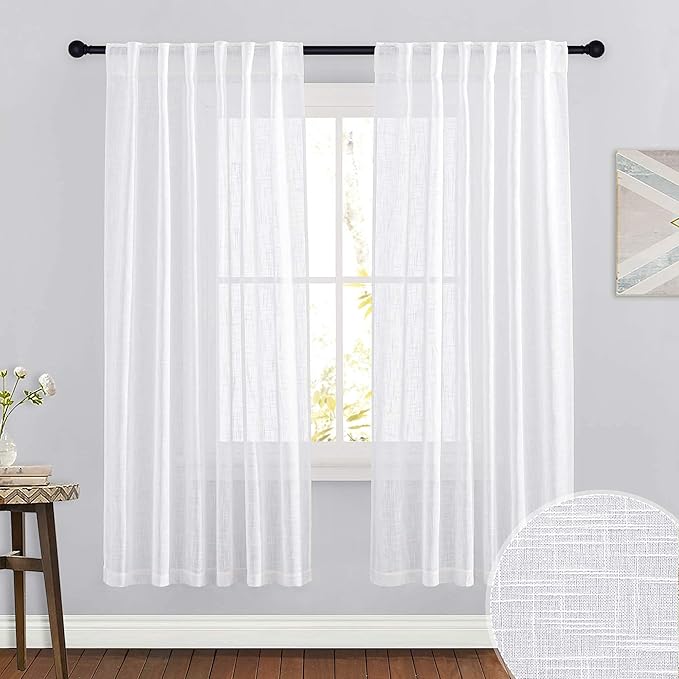 RYB HOME Linen Curtains Sheer - Half Privacy White Semi Sheer Drapes Light Airy for Bedroom Living Room Wedding Ceremony Study Office, 52 x 72 inch Long, 2 Pcs