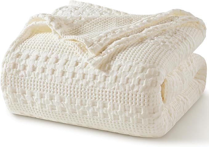 PHF 100% Cotton Waffle Weave Blanket Queen Size for Bed, Soft Lightweight & Breathable, All-Season Comfort, Luxury Aesthetic Woven Bedding for Home Decor, 90"x90", Ivory