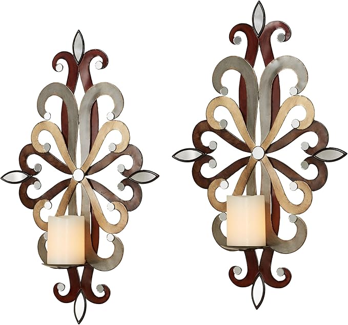 Fiorenzo Wall Sconce Pair | Set of Two Candle Sconces | Modern Candle Holders | Mirrored Hand Dyed Candleholders | Silver Auburn Gold Brown | Swirl Scrolls | Wall Decoration | Hanging Wall Sconces