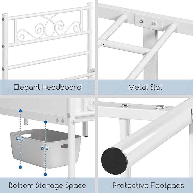 Yaheetech Twin Bed Frames Metal Platform Bed with Headboard and Footboard No Box Spring Needed Easy Assembly,Under-Bed Space: 12.6''/White/Twin Bed