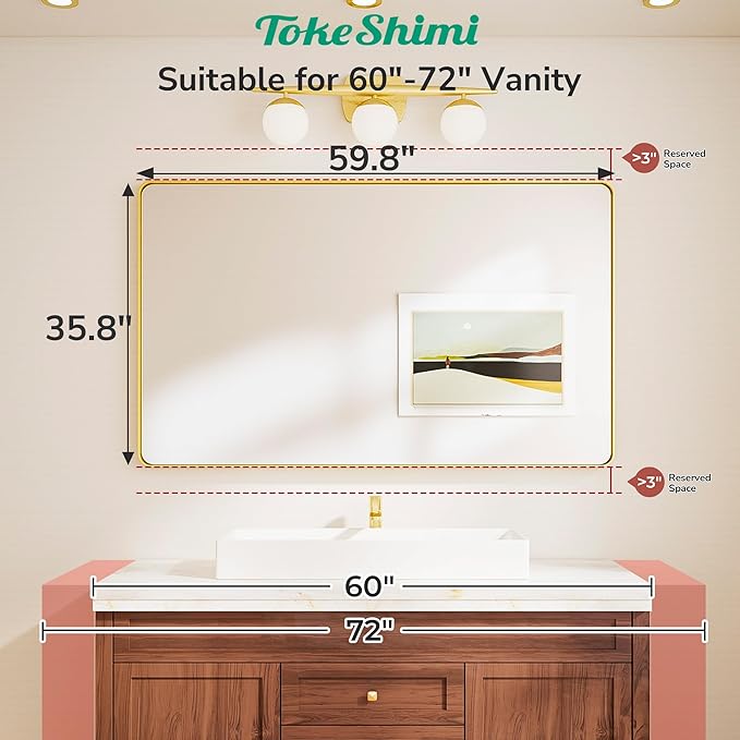 TokeShimi Brushed Gold Vanity Mirror 60x36,Bathroom Mirror Framed Aluminum,Tempered Glass,Rectangle Mirror for Bathroom,Shatterproof Bathroom Wall Mirror(Horizontal/Vertical)