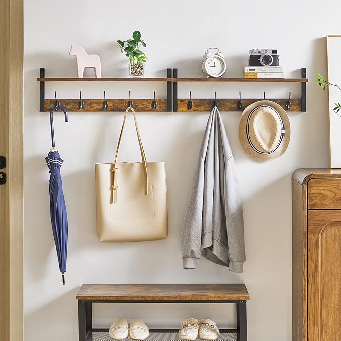 YMYNY Coat Rack Wall Mount with Shelf, 2 Pack 23.6" Coat Hooks Coat Hanger Wall Mount, Wall Hooks for Hanging, Hat Rack for Wall, Towel Hooks for Bathrooms, Rustic Brown UHWS004H-2