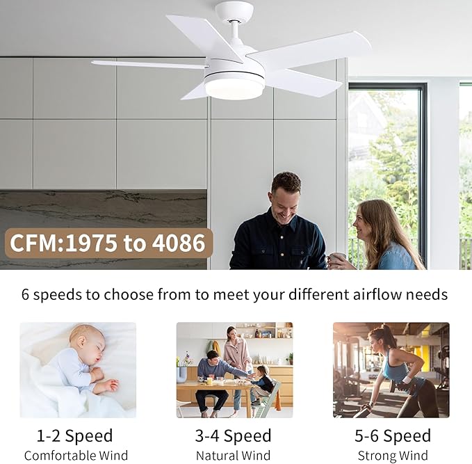 YUHAO 44 Inch White Ceiling Fan with Light and Remote Control.Noiseless,Dimmable,3CCT,6 Speeds Reversible, DC Ceiling Fans for Indoor or Covered Outdoor