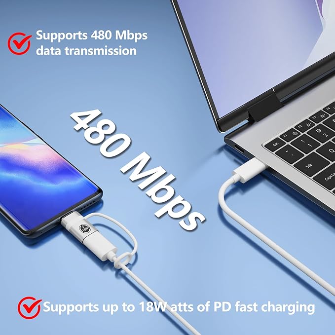 USB C to Micro USB Adapter, 2 Pieces, Supports 18W Fast Charging and Data Transfer, Suitable for USB C Socket to Micro Plug Adapter, not Suitable for Headphones, Silver.