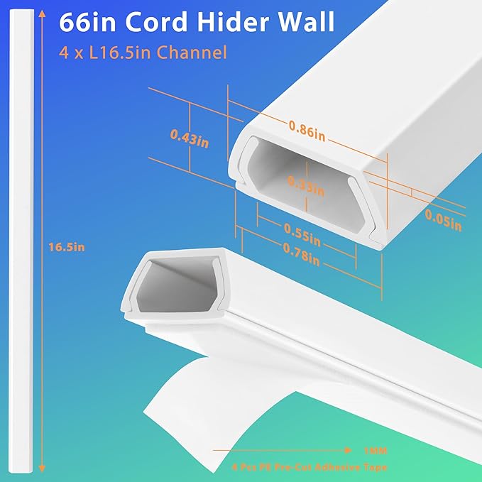 66in White Wire Covers for Cords Kit, Wall Cord Hider, Cord Covers for Wires on Wall, TV Cable Hider Kit, Easy to Install Cable Management 4XL16.5 W0.86 H0.43in