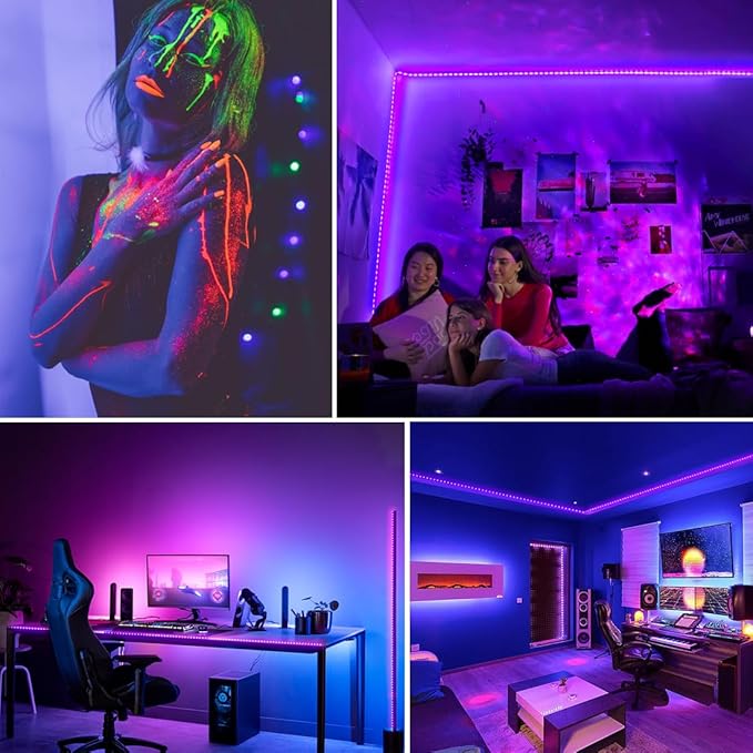 Upgraded 16.4ft/5M LED Black Light Strip Set with Remote, 300 LEDs, 12V Self-Adhesive Dimmable Black Light Fixture, for Dance Parties, SMD2835 LED Lamp Beads, Non-Waterproof