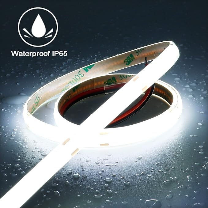 TOPAI 12V COB LED Strip Light 6000K Cool White Waterproof IP65 480LEDs/M Super Bright 4000Lm CRI>90 16.4ft/5M Self Adhesive Dotless Cuttable Flexible for Bedroom Cabinet DIY Lighting