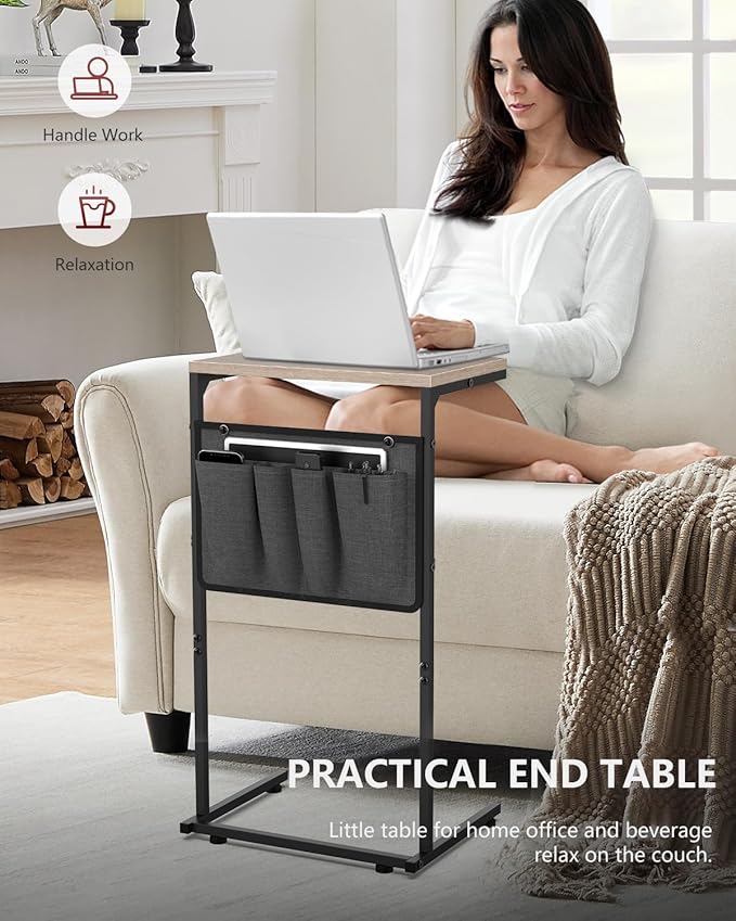 Vantic C Shaped End Table, Small Side Table for Couch and Recliner, Slide Under Sofa Tray Desk with Storage Bag for Living Room and Bedroom, Greige