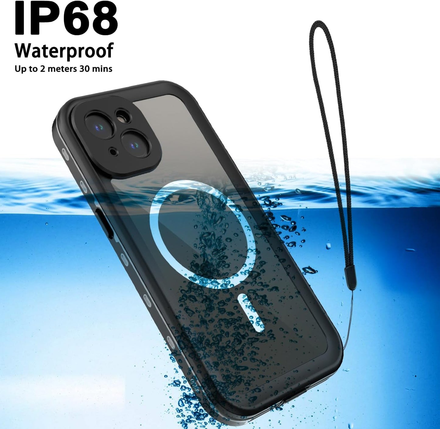 Full Body Case for iPhone 15 Plus 6.7 Inch, Waterproof Anti-Scratch Clear Magnetic Rugged Protector, Black-Gray