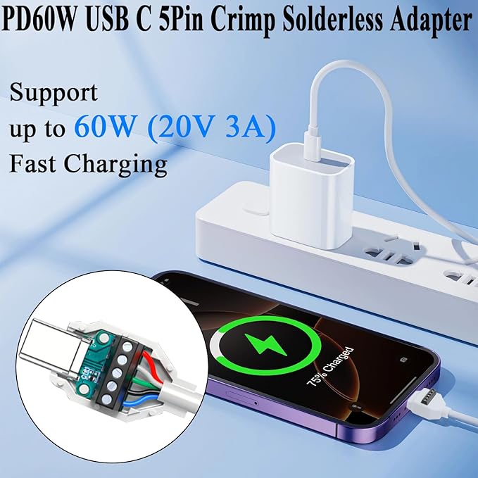 QIANRENON PD60W USB C 5Pin Crimp Solderless Adapter USB Type C Male to 5Pin Terminal Fast Charging Data Connector 480Mbps USB C No Solder Plug, 20V 3A, for DIY Repair Type C-C Charge Cable