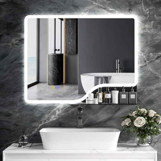 36"x 28" LED Bathroom Mirror with Shelf, Wall-Mounted Backlit Vanity Mirror with Lights, Smart Bathroom Mirror with 3 Colors, Anti-Fog, Stepless Dimmable, Memory (UL, ETL)
