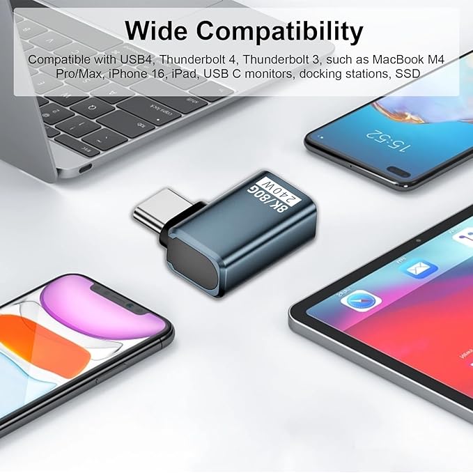 Poyiccot 2-Pack USB C Right Angle Adapter [80Gbps/240W PD/8K@60Hz] Right Angle 90 Degree USB C Adapter Support Type C Fast Charging Thunderbolt 5/4 for iPhone 15, Steam Deck, Switch