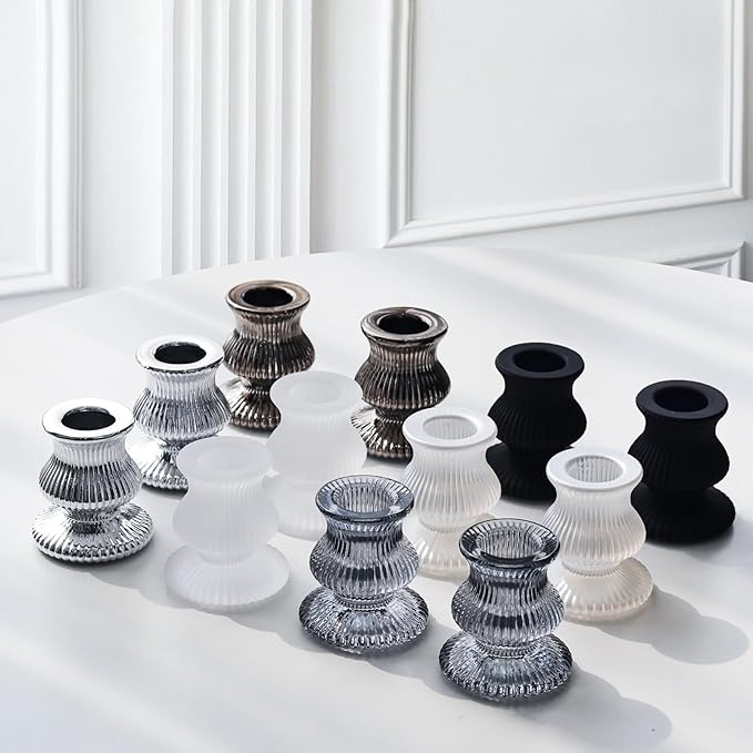 WDHODEC Black White Candlestick Holders 12PCS Glass Taper Candle Holders for Table Centerpiece Colorful Candle Sticks for Wedding, Party and Festival Decoration
