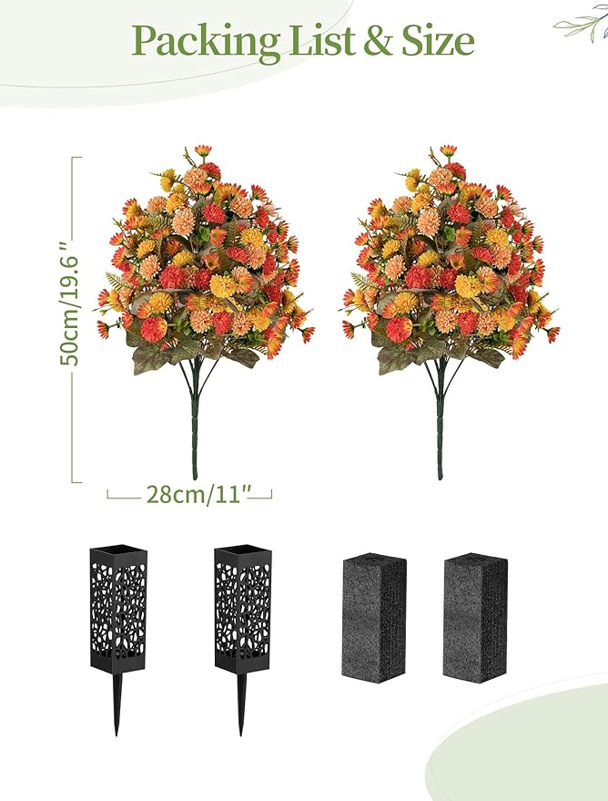 Artificial Cemetery Flowers for Grave: 2 Pcs Fake Fall Flowers for Cemetery Orange Mums Bouquets with Vases - Outdoor Grave Decorations