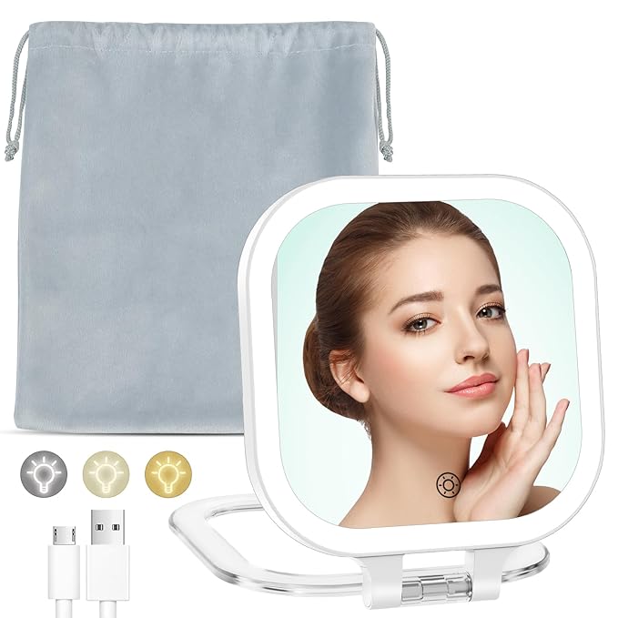 FASCINATE 20X Magnification Rechargeable Travel Makeup Mirror, Lighted Portable Vanity Mirror with 3 Colors Lighting & Stepless Dimming, Double Sided LED Mirror, Gift for Women (White+Bag)