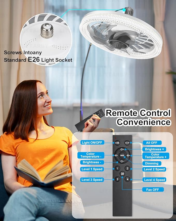 Ceiling Fans with Lights, Socket Fan Light with Remote Control, Dimmable Brightness 3000K-6500K Memory, Socket Modern Flush Mount Low Profile Ceiling Fan for Bedroom, Small Living Room, Kitchen White